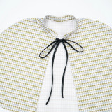 Women Autumn Houndstooth Bodysuit and Top with Patchwork Cape Two-Piece Set