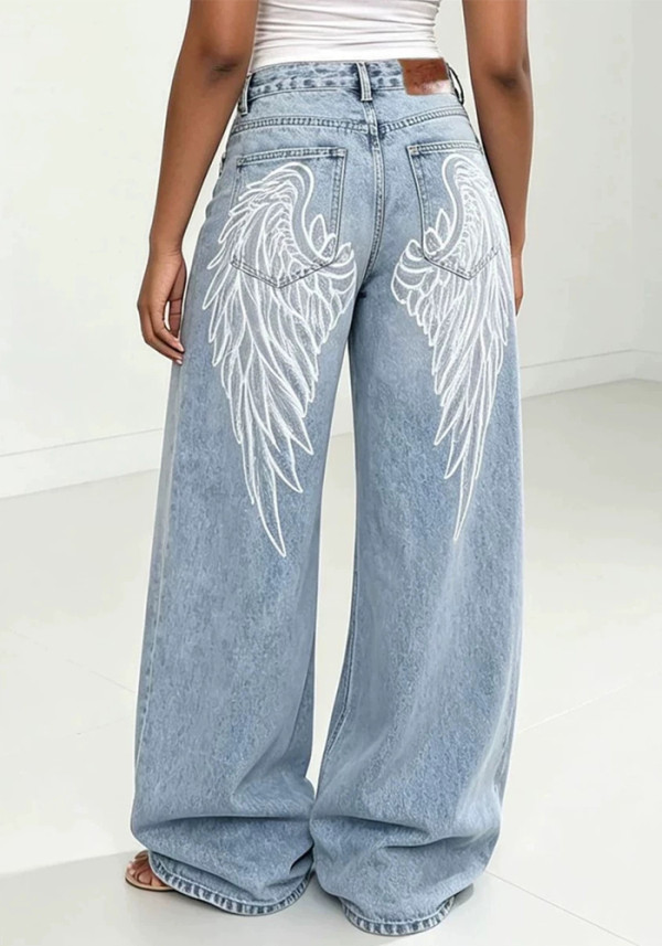 Women's Fashionable Large Wing Print Washed Denim Pants