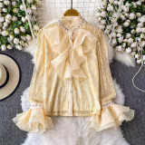 Women Stand Collar Ruffled Patchwork Lace Rhinestone Bell Bottom Sleeve Shirt Top