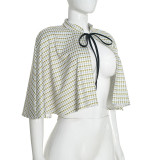 Women Autumn Houndstooth Bodysuit and Top with Patchwork Cape Two-Piece Set