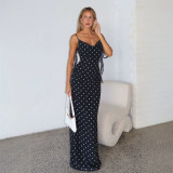 Women's Strap Ruffle Polka Dot Slit Long Dress