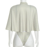 Women Autumn Houndstooth Bodysuit and Top with Patchwork Cape Two-Piece Set