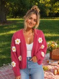Women Plush Daisy Knitting V-Neck Top Sweaters