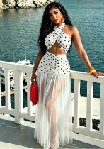 Women See-Through Mesh Beach Holidays Sexy Polka Dot Halter Neck Maxi Dress Women See-Through Mesh Beach Holidays Sexy Polka Dot Halter Neck Maxi Dress