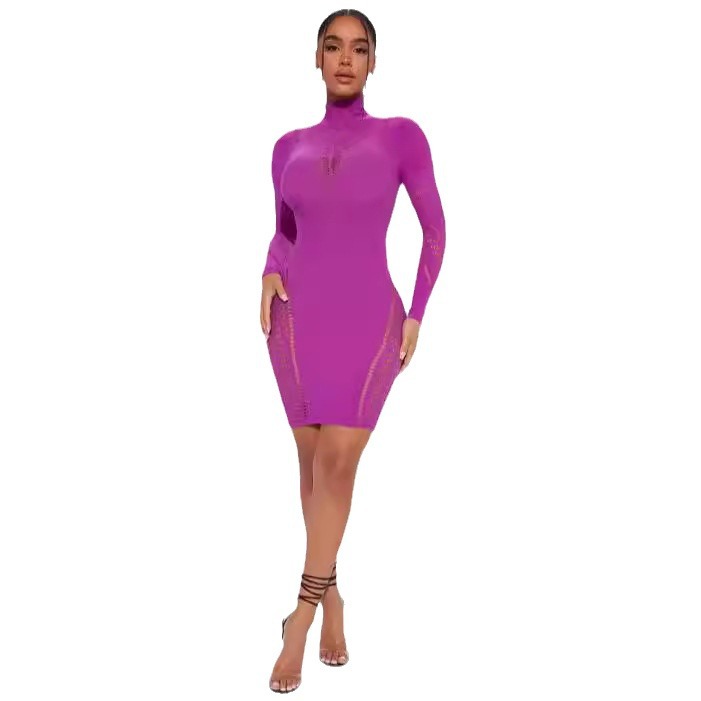High-Neck Hollow-Out See-Through Long-Sleeve Dress for Summer Clubwear