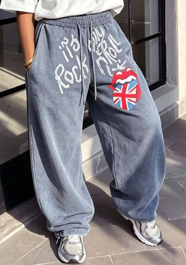 Women's Fashionable Lip Letter Print Washed Cuffed Sweatpants