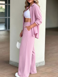 Autumn Women's Solid-Color Casual Turndown Collar Button-Front Shirt and High-Waisted Button-Pocket Wide-Leg Pants Set