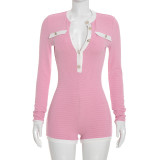 Women Autumn Button-Blocked Color-Blocked Long-Sleeved Romper