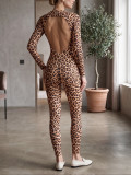 Women's Leopard Print Long-Sleeve Tight-Fitting Slim-Fit Jumpsuit