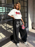 Women's Fashionable Lip Letter Print Washed Cuffed Sweatpants