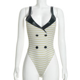 Women Autumn Houndstooth Bodysuit and Top with Patchwork Cape Two-Piece Set