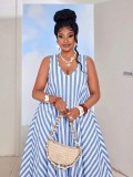 Women Summer Striped Holidays Sleeveless Beach Ruffle Edge Maxi Dress