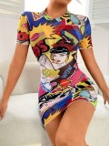 Women Summer Cartoon Print Mesh See-Through Bodycon Dress