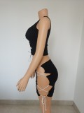 Women Summer Sexy Solid Lace-Up Hollow-Out Top and Skirt Two-Piece Set
