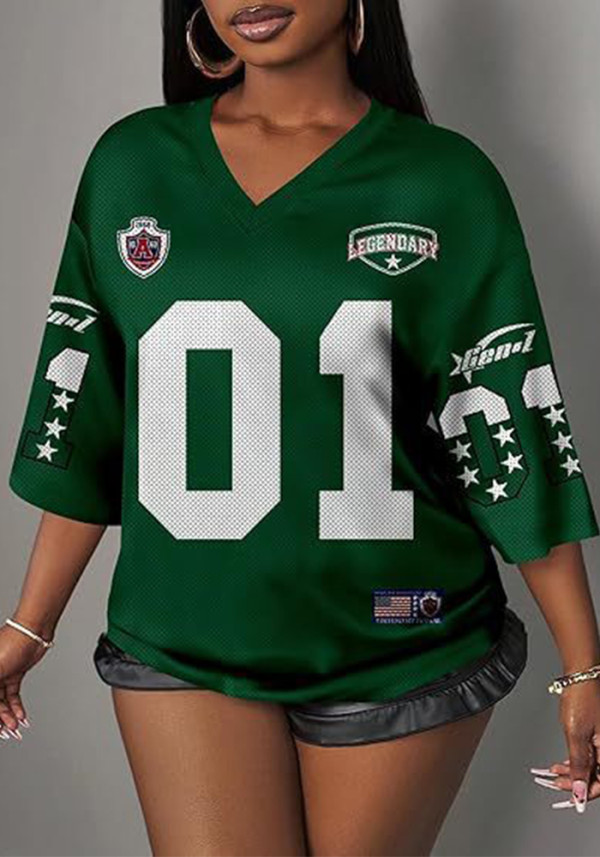 Y2K Women's Breathable Quick-Dry Mesh V-Neck Print Loose-Fit Short-Sleeve Soccer Jersey