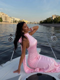 Women's Pink Satin Halter Neck Low-Back Slim-Fit Mermaid Maxi Evening Dress