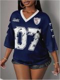 Y2K Women's Breathable Quick-Dry Mesh V-Neck Print Loose-Fit Short-Sleeve Soccer Jersey