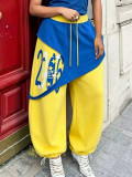 Women's Fashionable Drawstring Print Color-Block Faux-Layered Jogger Sweatpants