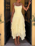 Summer Women's Yellow Strap Dress with Cascading Ruffles for Holiday Wear