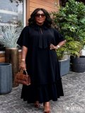 Plus Size Women's Yellow Lace-up Stand Collar Short-Sleeve A-Line Ruffle-Hem Dress