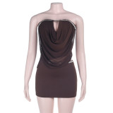 Women's Rhinestone Trimmed Strapless Irregular Open-Waist Top and High-Waisted Bodycon Skirt Set