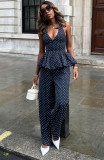 Summer Women's V-Neck Sleeveless Polka Dot Wide-Leg Pants Slim-Waist Two-Piece Set