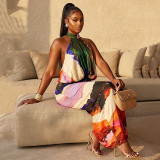 Women summer color-block halter-neck bodycon dress