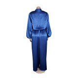 Women elegant lantern-sleeve top and wide-leg pants two-piece set