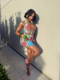 Women Summer Print Halter-neck crop top and shorts two-piece set