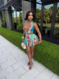 Women Summer Print Halter-neck crop top and shorts two-piece set