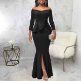 Sexy Fashion Solid Off Shoulder Slit Women's Evening Dress