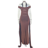 Women solid-color cut-out and lace-up halter neck party bodycon dress