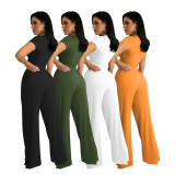 Women Autumn Solid Short-Sleeve Top and Wide-Leg Pants Two Piece Set