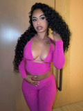 Women sexy solid-color long-sleeve top and shorts two-piece set
