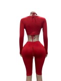 Women sexy solid-color long-sleeve top and shorts two-piece set