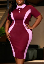 Plus Size Color-Block Shirt-Collar Short-Sleeve Bodycon Dress
