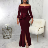Sexy Fashion Solid Off Shoulder Slit Women's Evening Dress