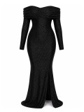Women Elegant Off-Shoulder Long-Sleeve Slit Maxi Dress