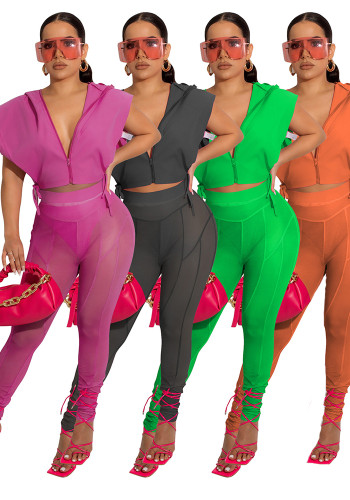 Women Summer Sexy Hooded Top with Slit and Mesh Pants Two Piece Set