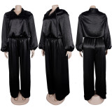 Women elegant lantern-sleeve top and wide-leg pants two-piece set