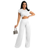 Women Autumn Solid Short-Sleeve Top and Wide-Leg Pants Two Piece Set