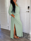 Women Elegant Summer V-Neck Solid Half-Sleeve Pockets and Slit Maxi Dress