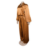 Women elegant lantern-sleeve top and wide-leg pants two-piece set