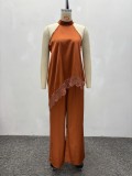Women casual lace patchwork top and wide-leg pants two-piece set
