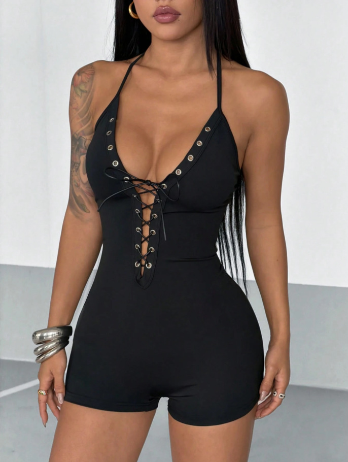 V-Neck Lace-Up Cutout Camisole Bodysuit for Clubwear