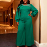 Plus Size Solid Beaded Round-Neck Long-Sleeve Formal Party Jumpsuit