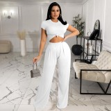Women Autumn Solid Short-Sleeve Top and Wide-Leg Pants Two Piece Set