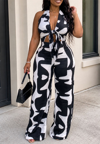 Women Casual Black & White Print Halter Neck Top and Wide-Leg Pants Two Piece Set