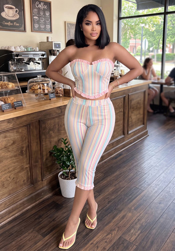 Women Summer Sexy Strapless Backless Tube Top and Pants Two Piece Set