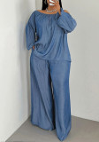 Women Summer Casual Ruched Ruffled Long-Sleeve Top and Pants Two Piece Set